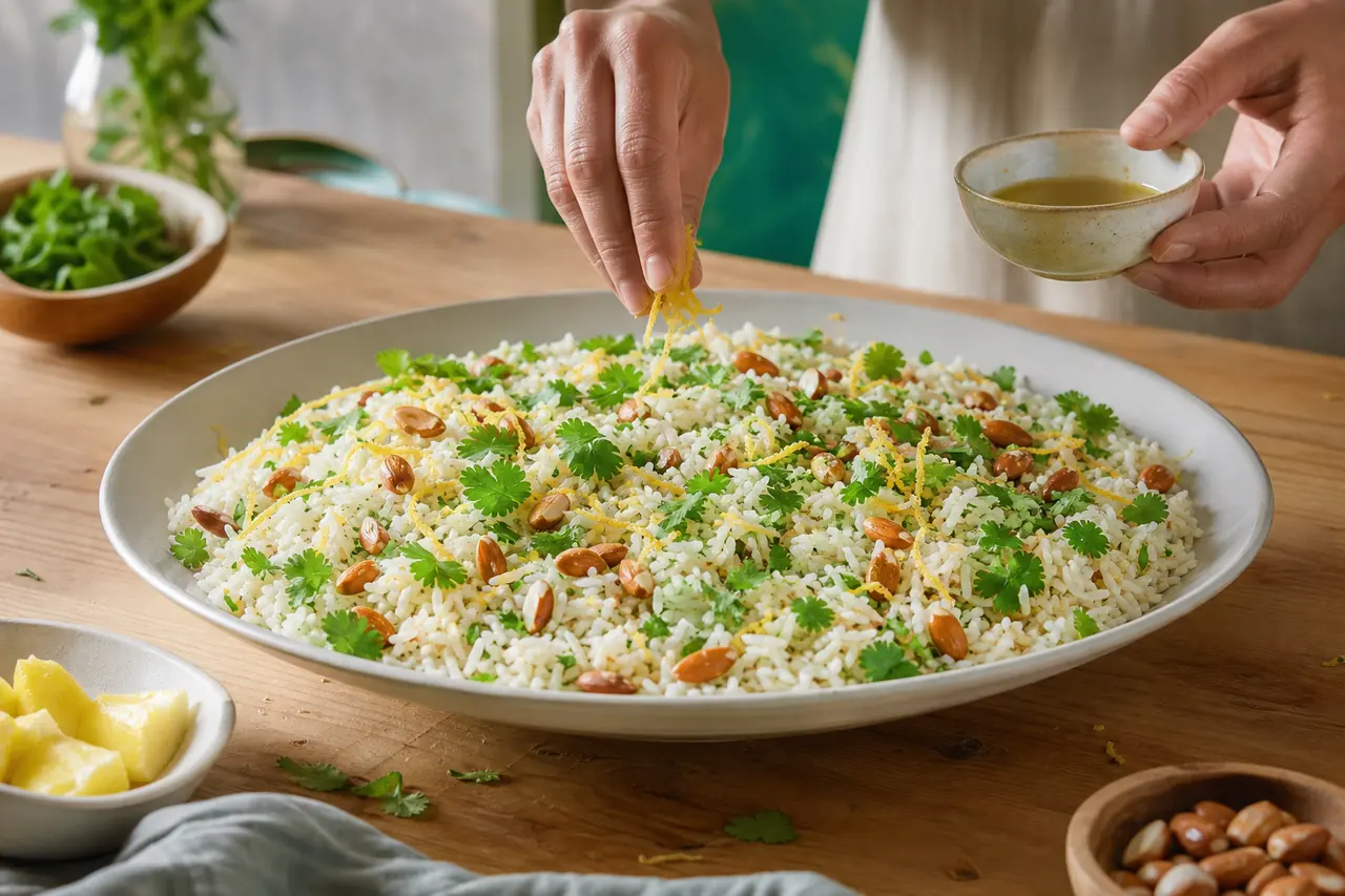 Finition d’un plat de riz avec citron, herbes et amandes grillées