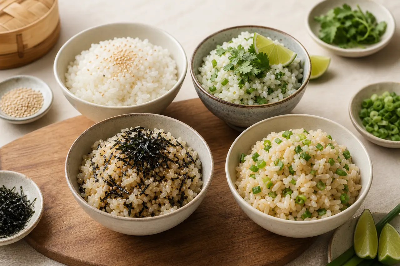 Quatre bols de riz aux assaisonnements japonais, thaï, coréen et chinois