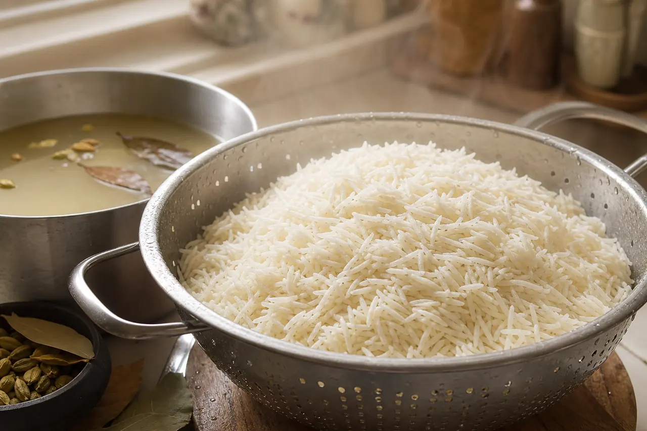 Longs grains de basmati précuits et égouttés avant le montage du biryani