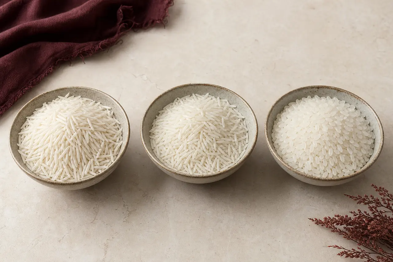 Comparaison entre basmati vieilli, basmati courant et riz long dans trois bols