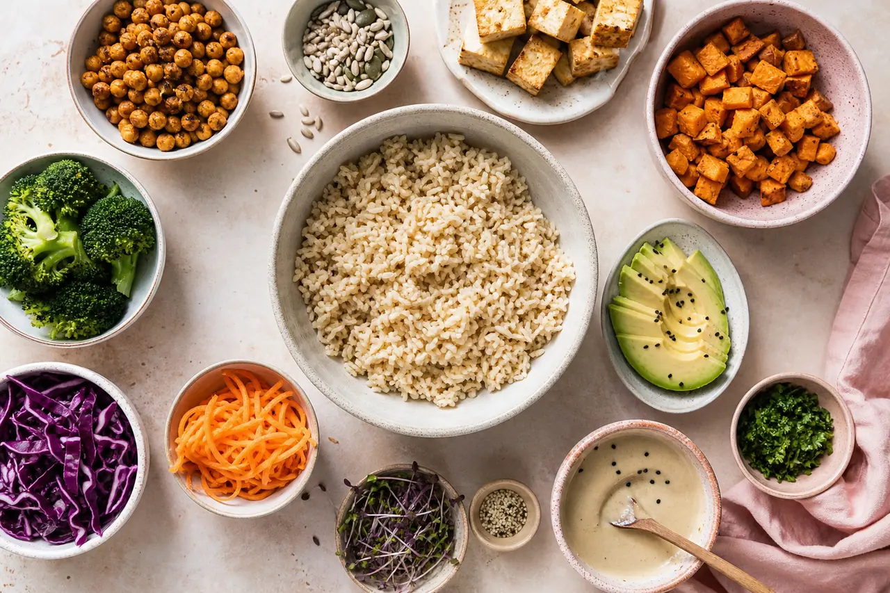 Riz complet, tofu, pois chiches, légumes, avocat, graines et sauce préparés pour un Buddha bowl