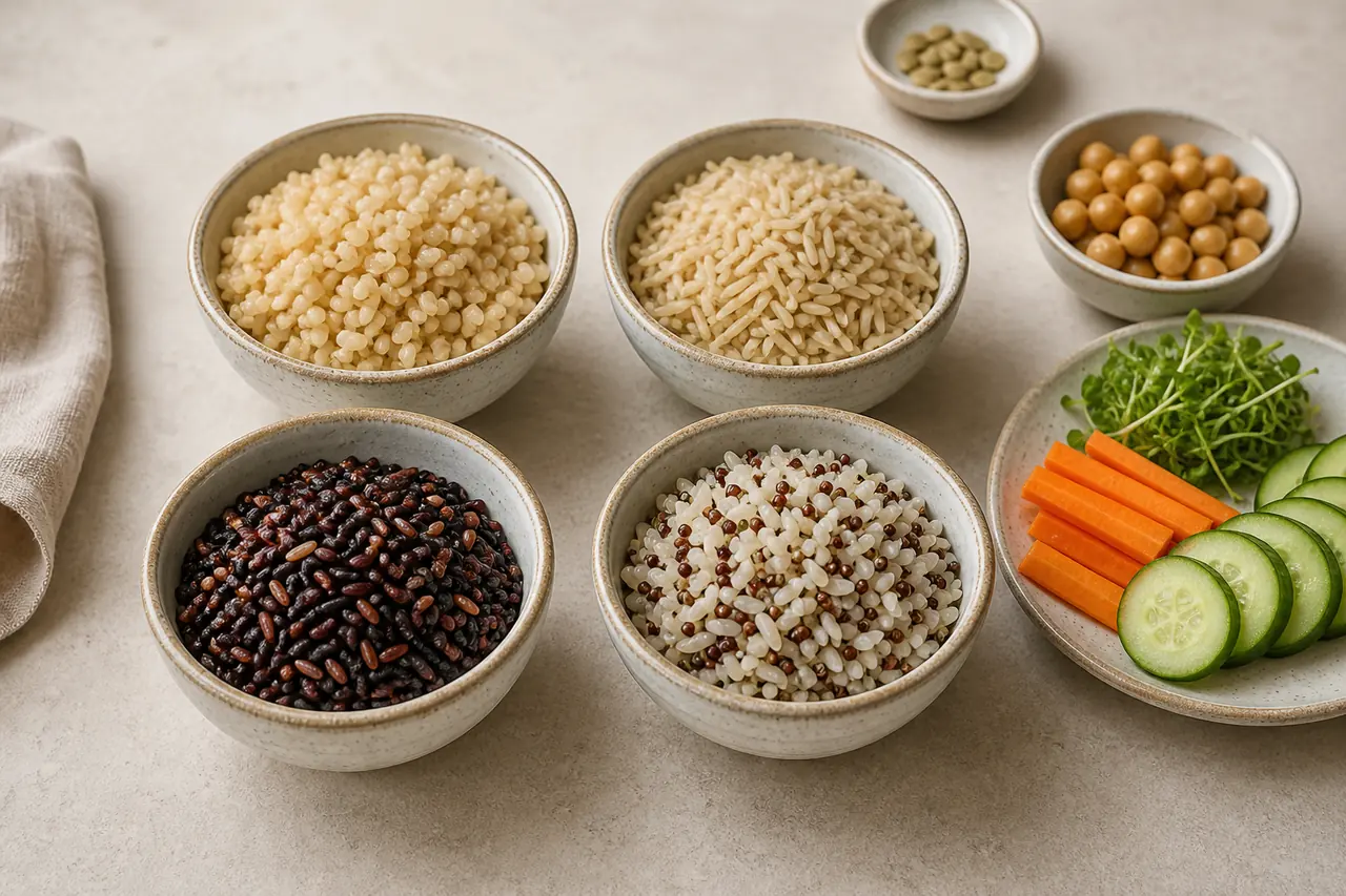 Riz complet rond, basmati brun, riz rouge et noir, et mélange riz quinoa