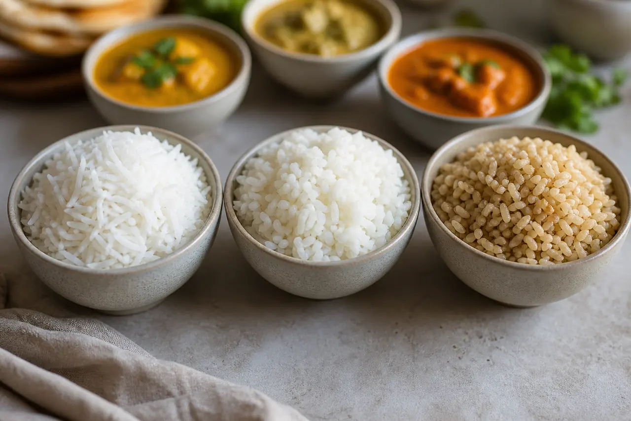 Comparaison de riz basmati, jasmin et complet servis avec différents currys