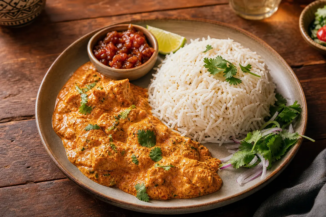 Curry crémeux servi à côté d’un riz basmati long et aérien