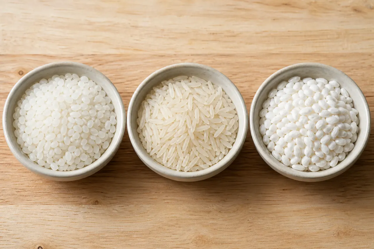 Comparaison visuelle entre riz japonica court, basmati long et riz gluant