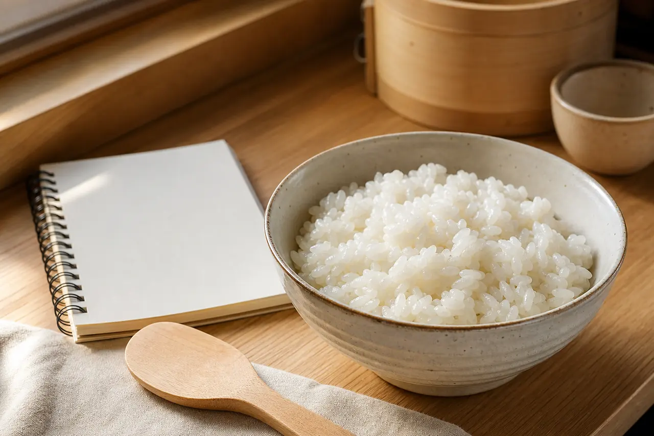 Bol de riz à sushi cuit avec spatule et carnet de test