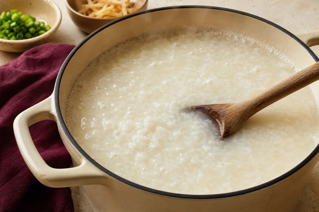 Congee crémeux frémissant doucement dans une casserole avec grains de riz très tendres