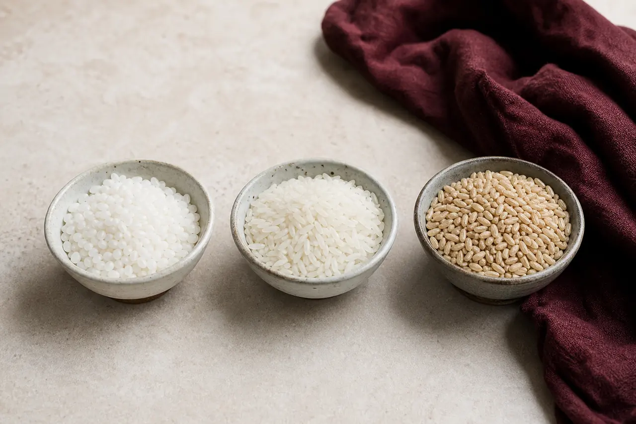 Riz rond, riz jasmin et riz complet comparés pour préparer différentes textures de congee