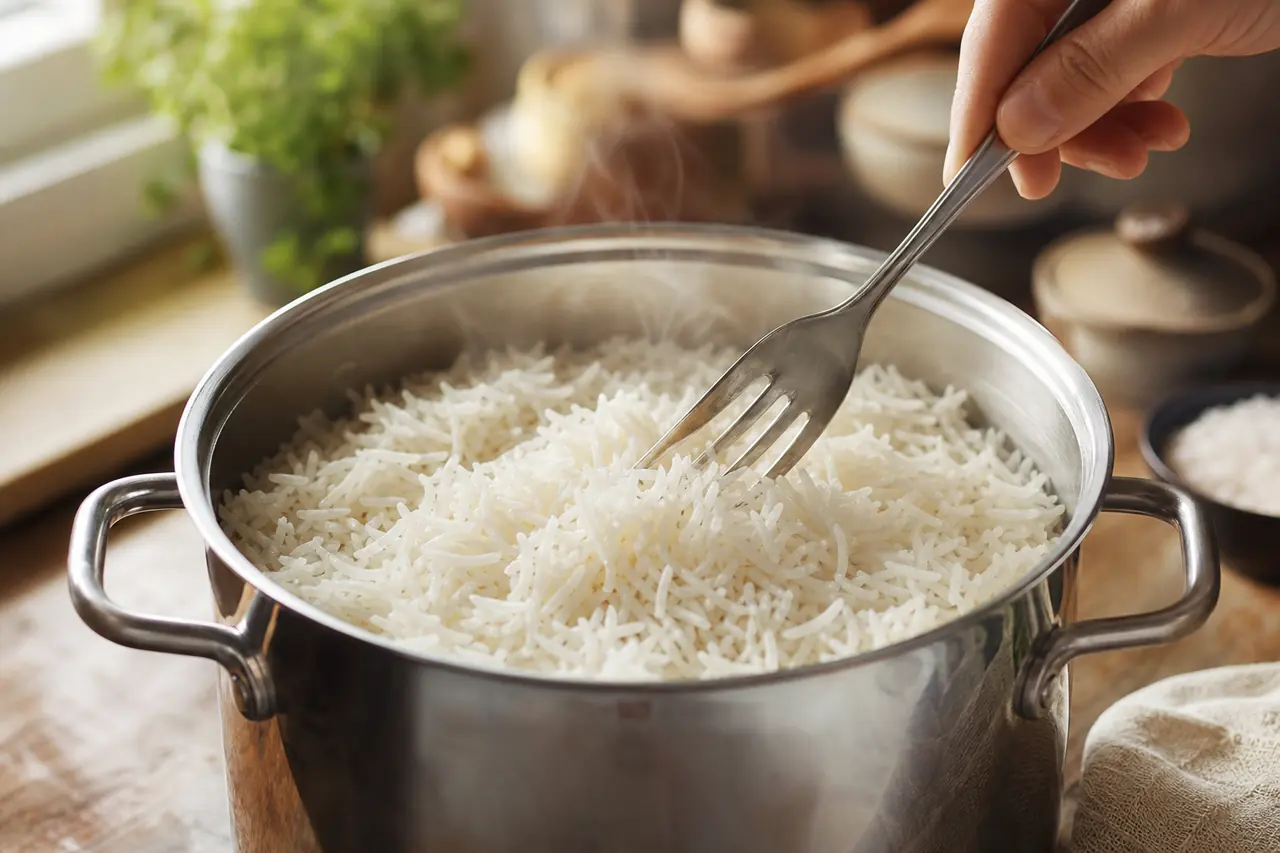 Riz basmati cuit en absorption puis aéré délicatement à la fourchette