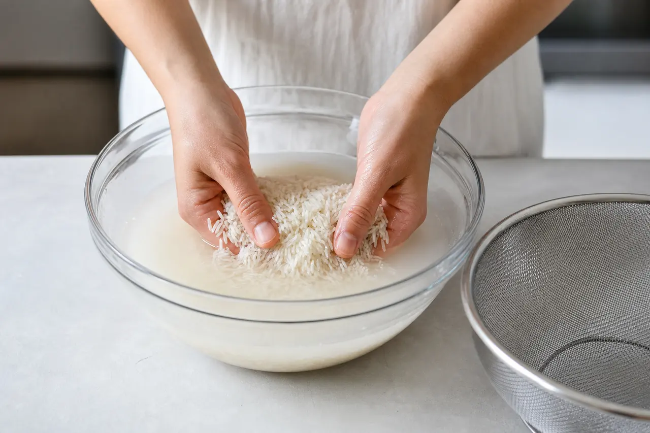 Rinçage doux de grains de riz basmati dans un saladier d’eau fraîche