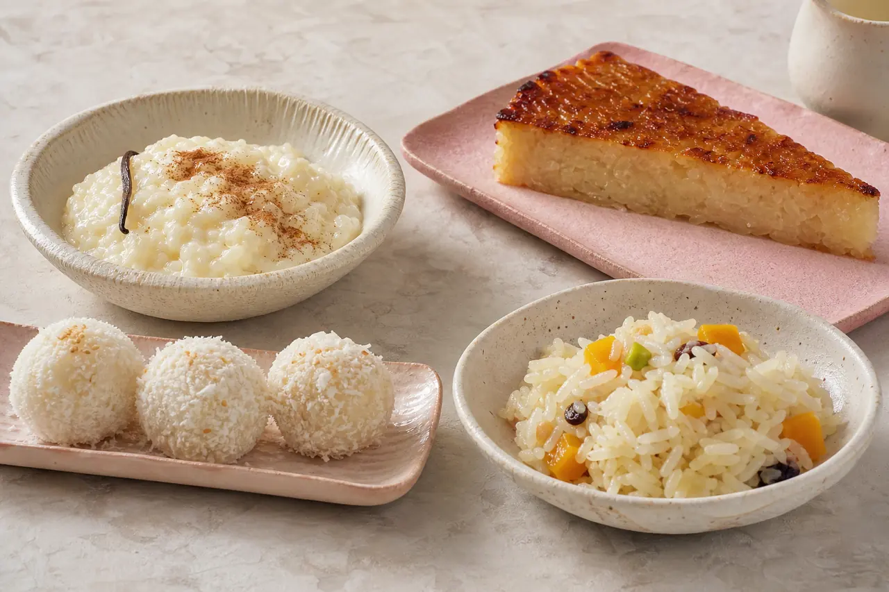 Riz au lait, gâteau de riz, bouchées de riz gluant et riz parfumé aux fruits