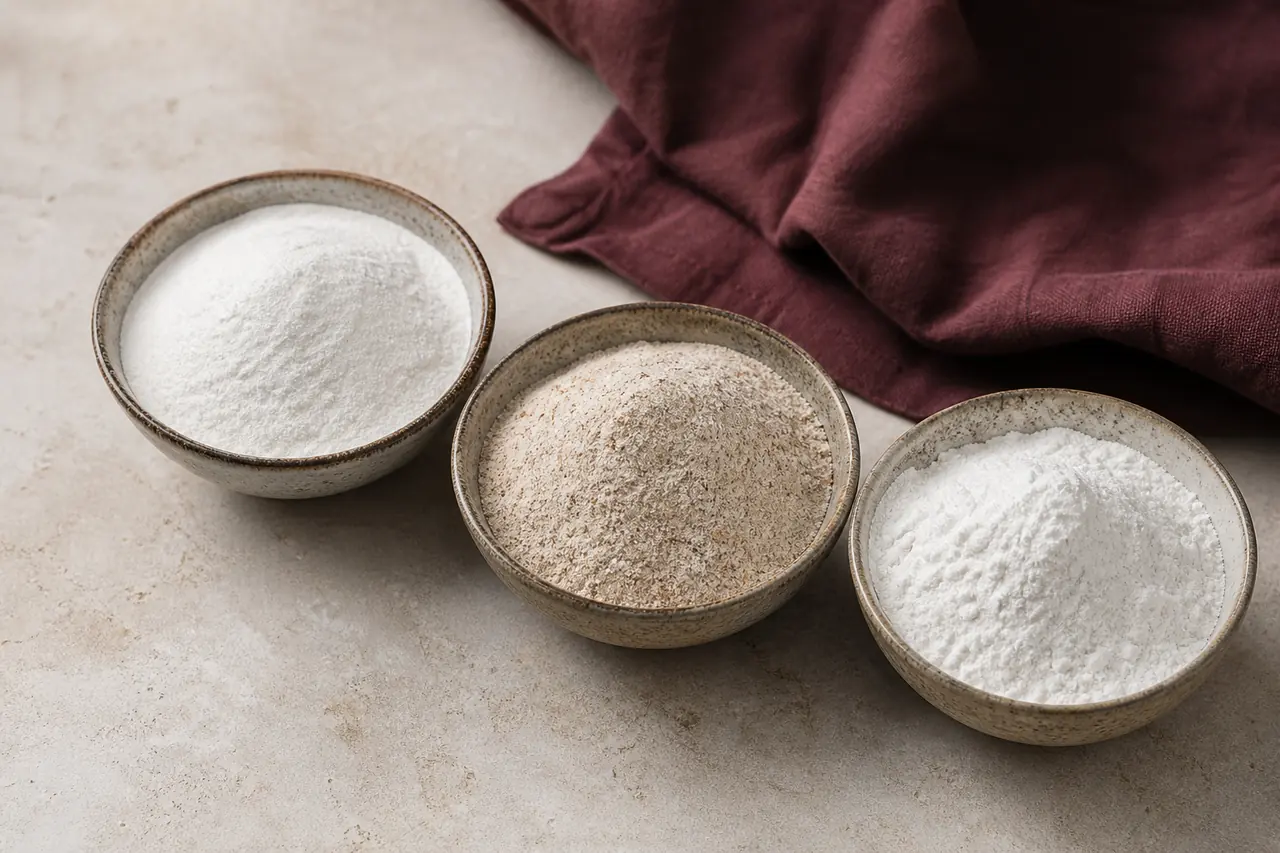 Farines de riz blanc, complet et gluant comparées dans trois bols
