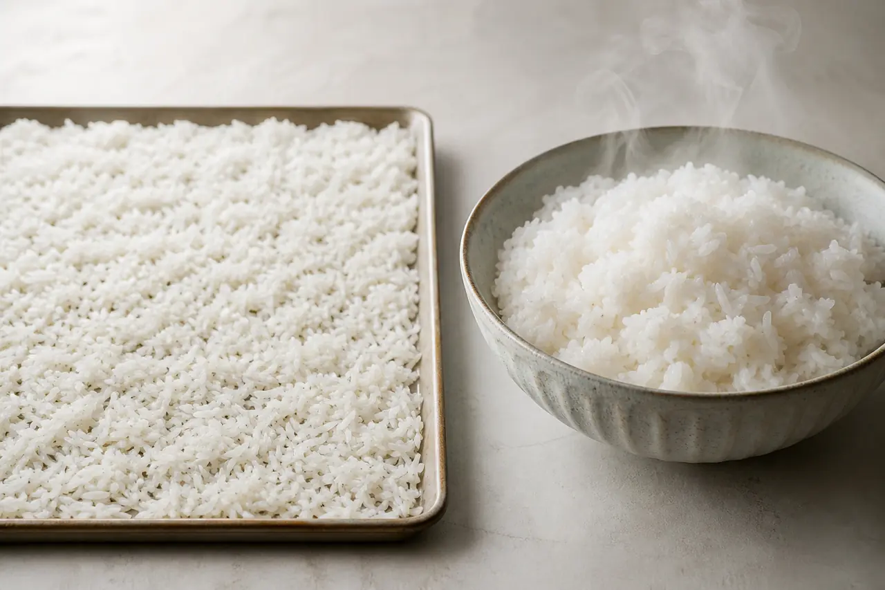 Riz froid sec et séparé comparé à un riz fraîchement cuit encore humide