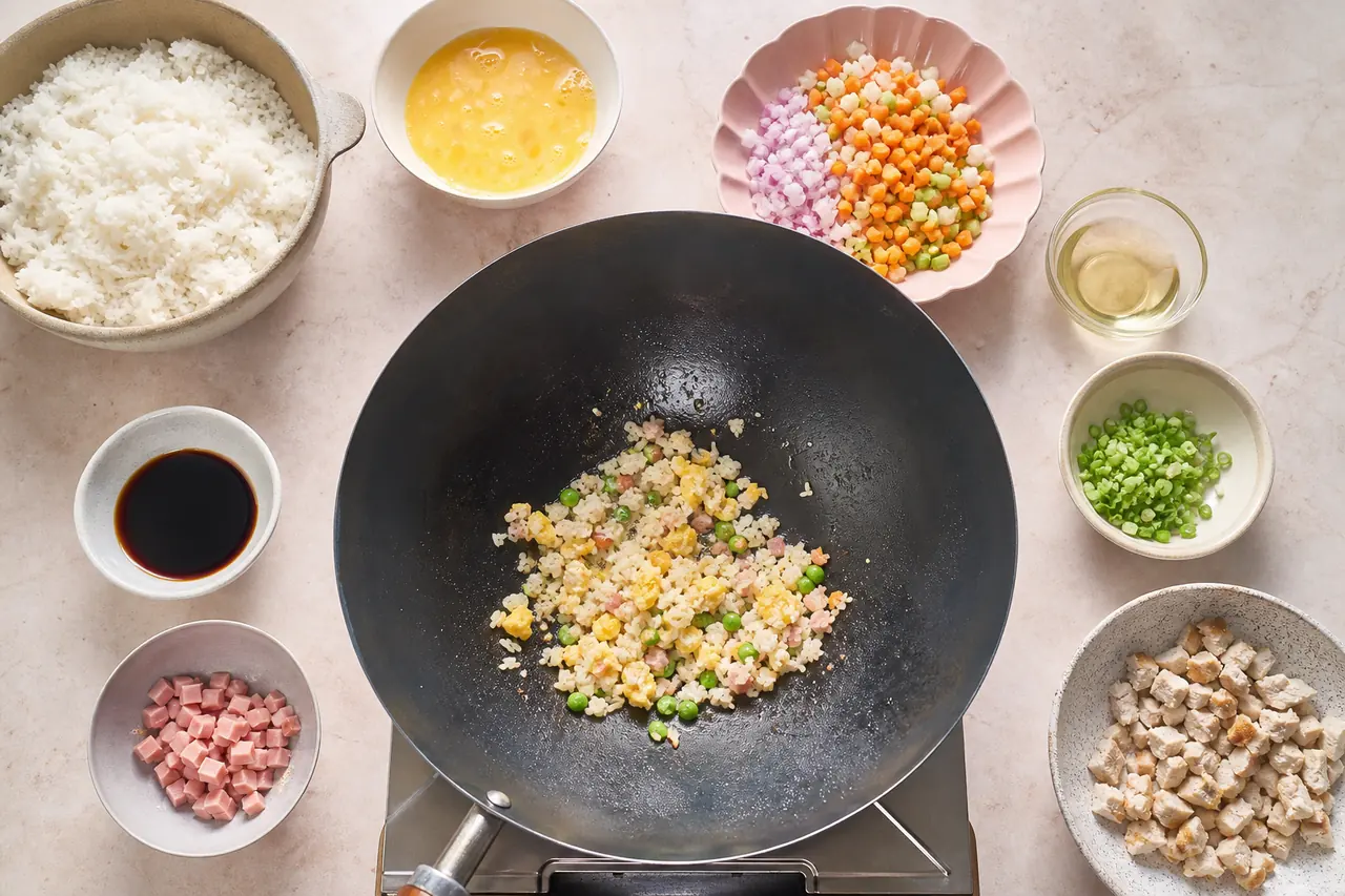 Riz froid, œufs, légumes, protéine et sauces préparés autour d’un wok