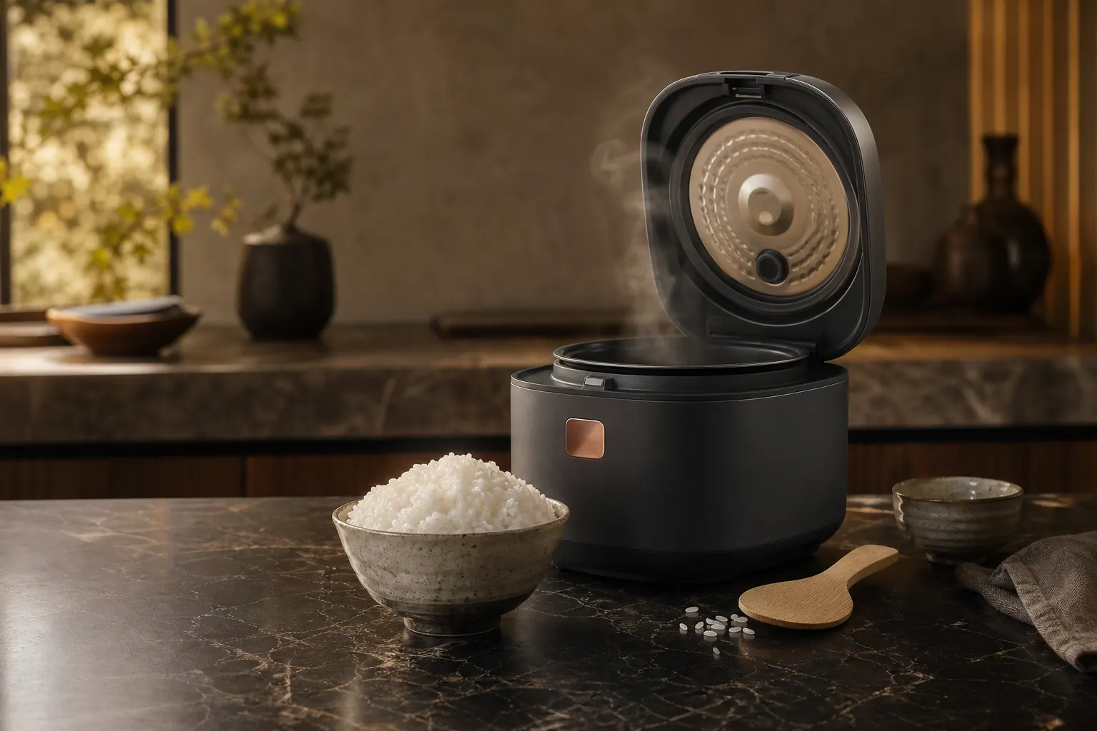 Cuiseur à riz premium et bol de riz fumant dans une cuisine chaleureuse