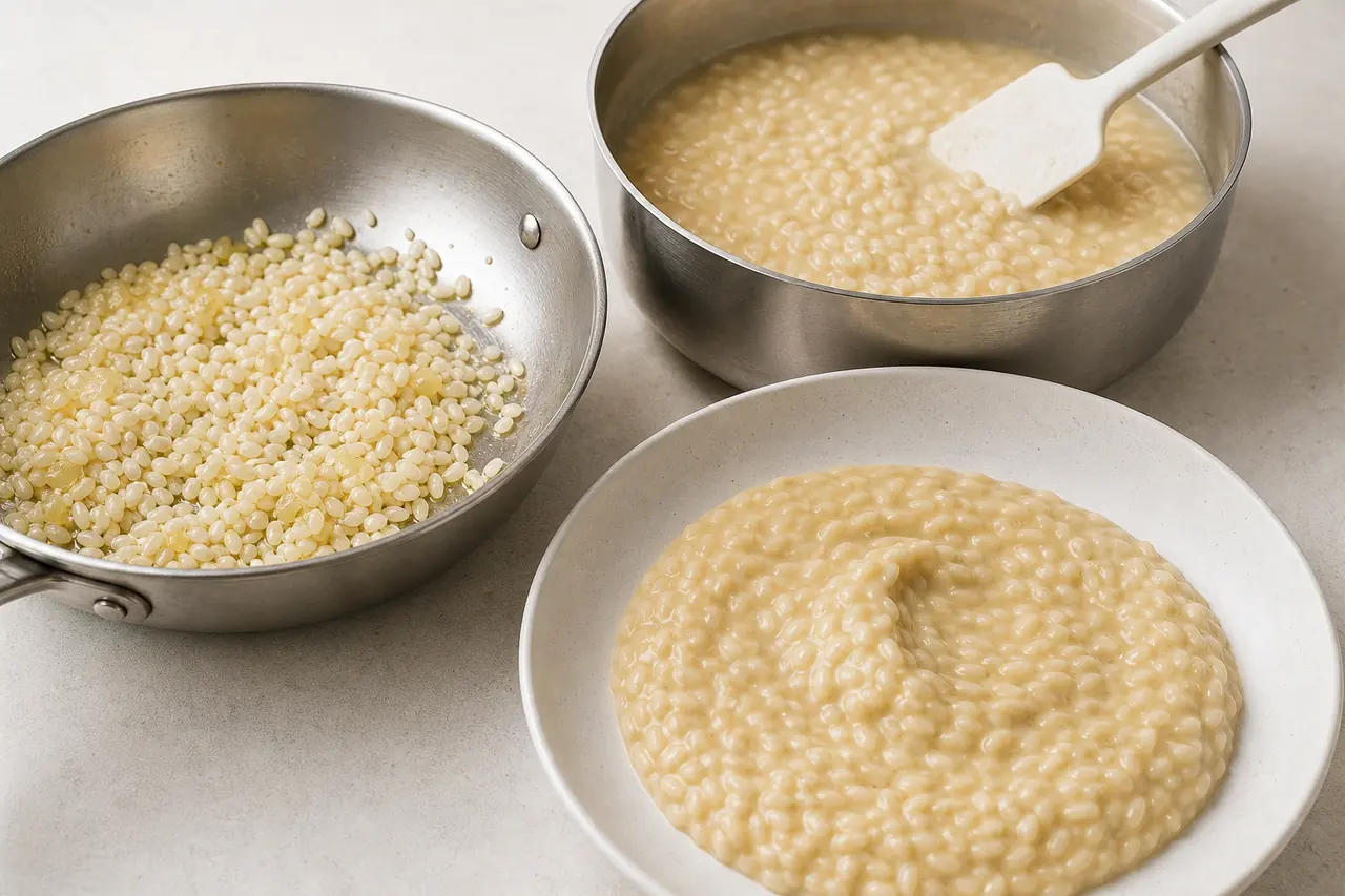 Riz nacré, risotto en cours de cuisson et risotto final all’onda