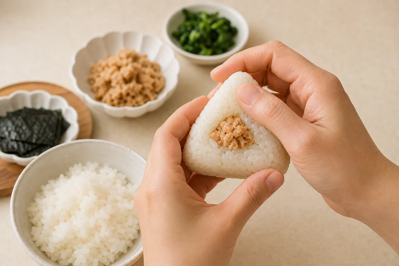 Étapes de façonnage d’un onigiri triangulaire garni avec des mains légèrement humides
