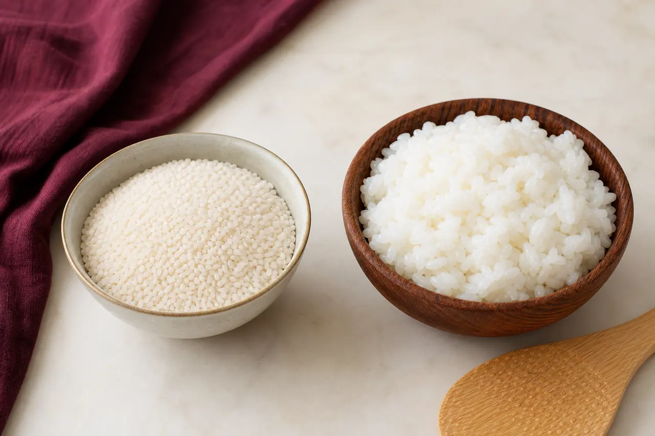 Riz japonais à grain court rincé puis cuit, présenté dans deux bols en bois