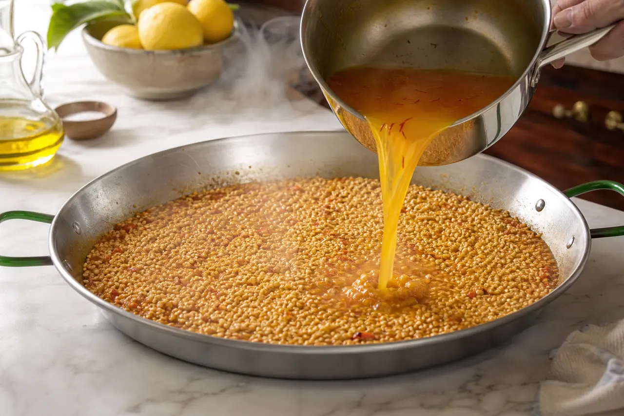 Bouillon versé sur une fine couche de riz dans une grande poêle à paella