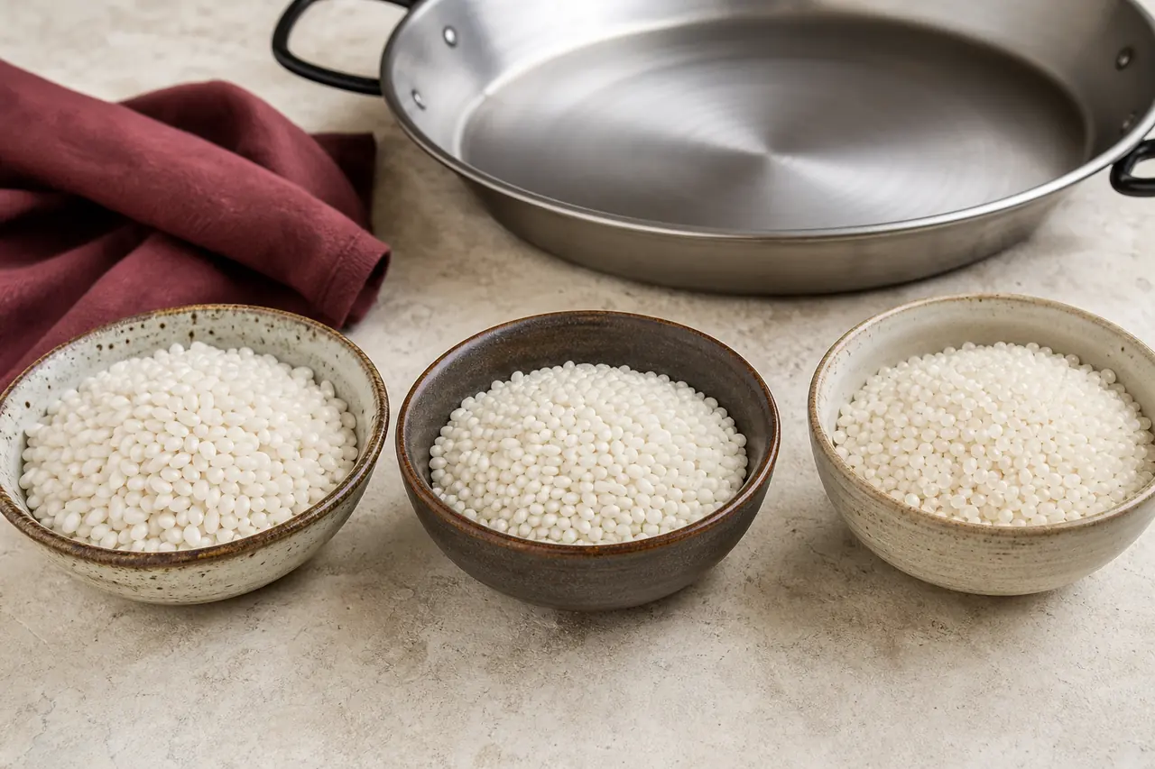Bols de riz bomba, sénia et riz rond disposés autour d’une paellera en acier