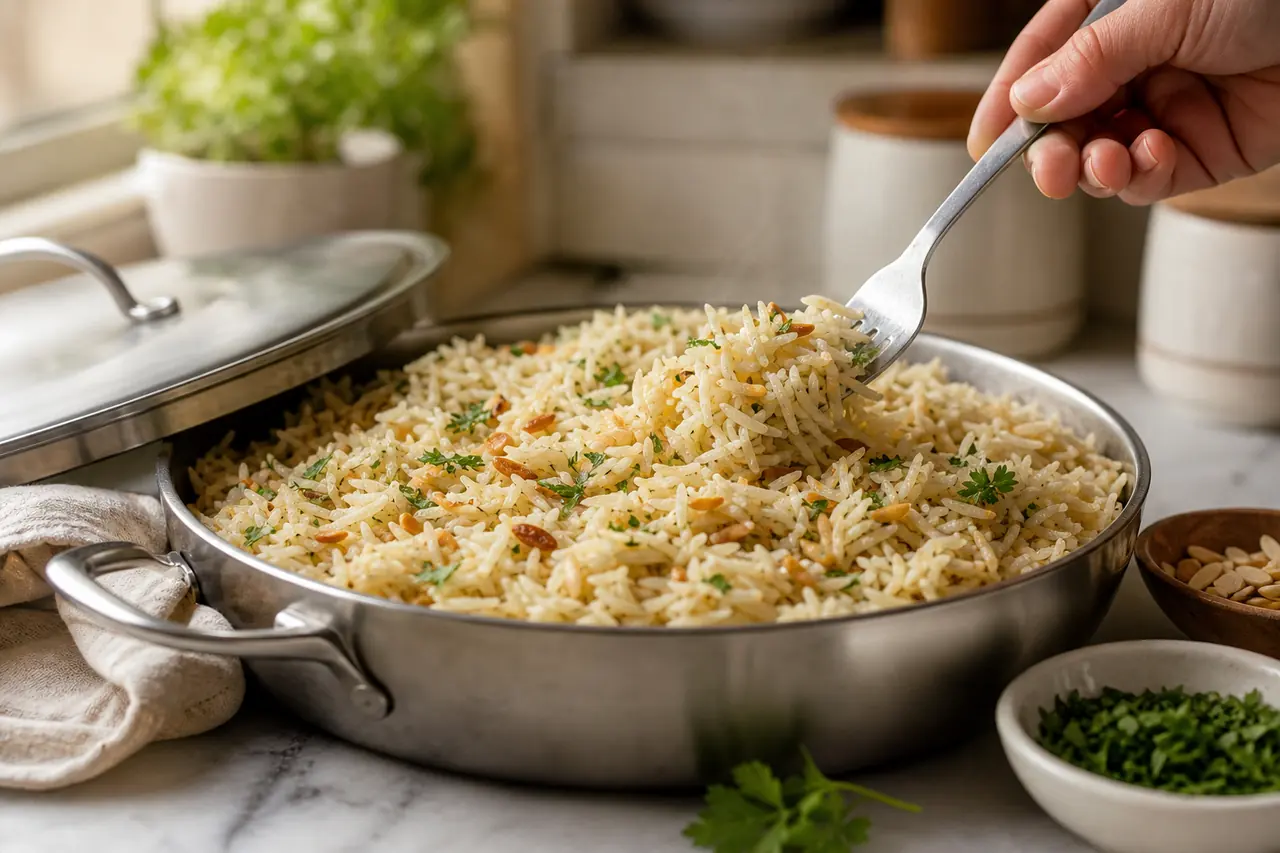 Riz pilaf cuit, aéré à la fourchette et parsemé d’herbes fraîches dans une sauteuse