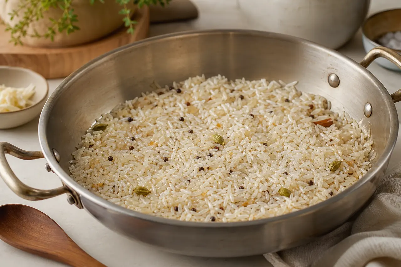 Grains de riz nacrés avec oignon et épices dans une sauteuse avant ajout du bouillon