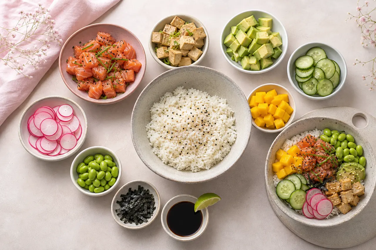 Ingrédients préparés séparément pour assembler un poke bowl équilibré