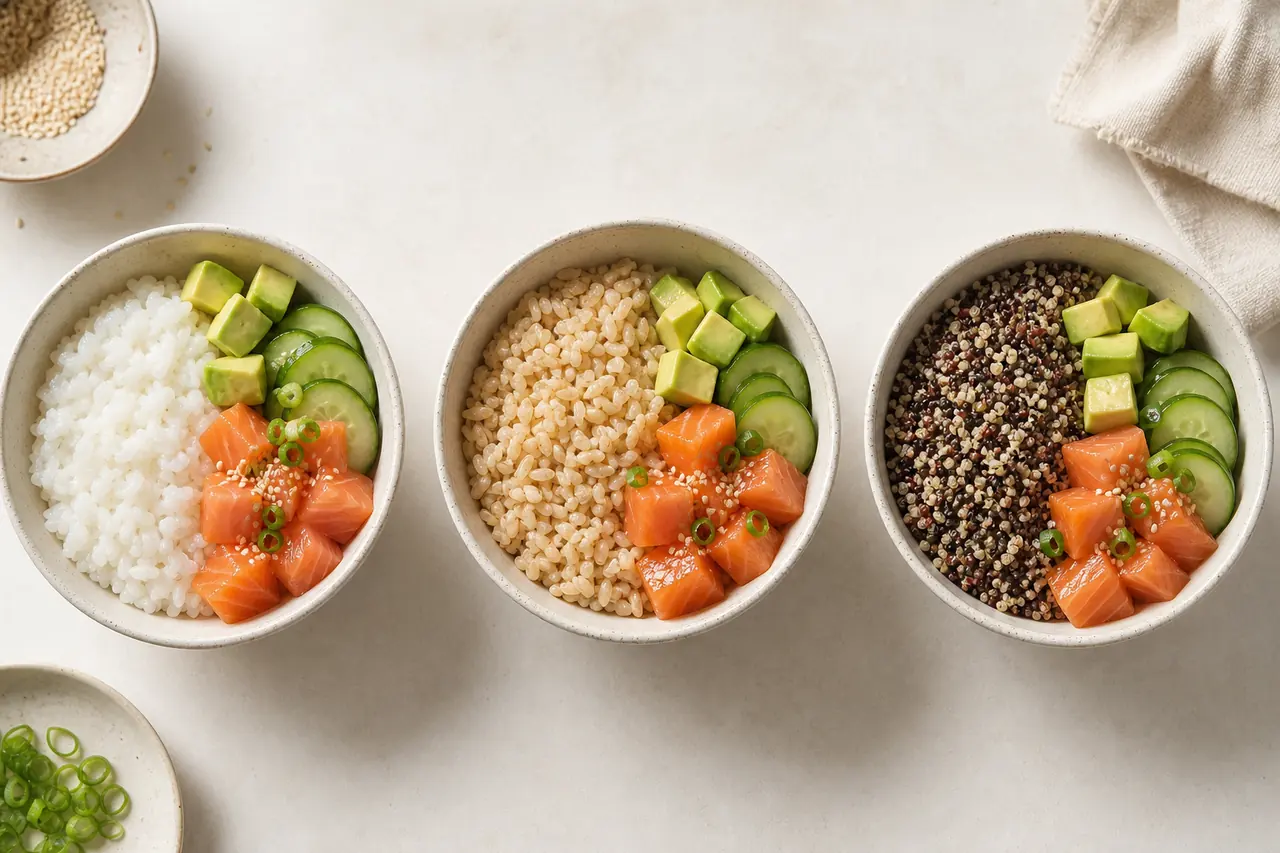 Trois bases de poke bowl au riz japonais, riz complet et riz noir mélangé