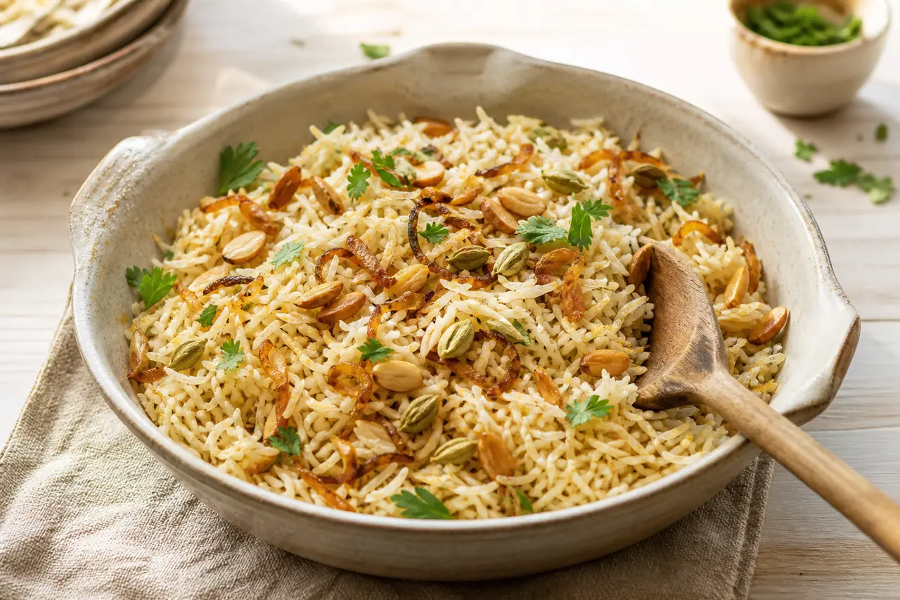 Riz pilaf aux oignons dorés, cardamome, amandes et herbes fraîches