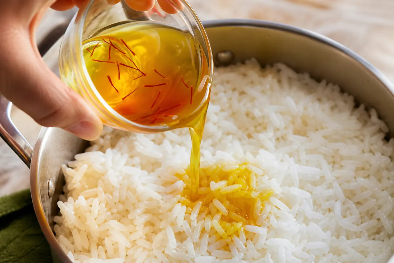 Infusion de safran versée sur une partie du riz en fin de cuisson