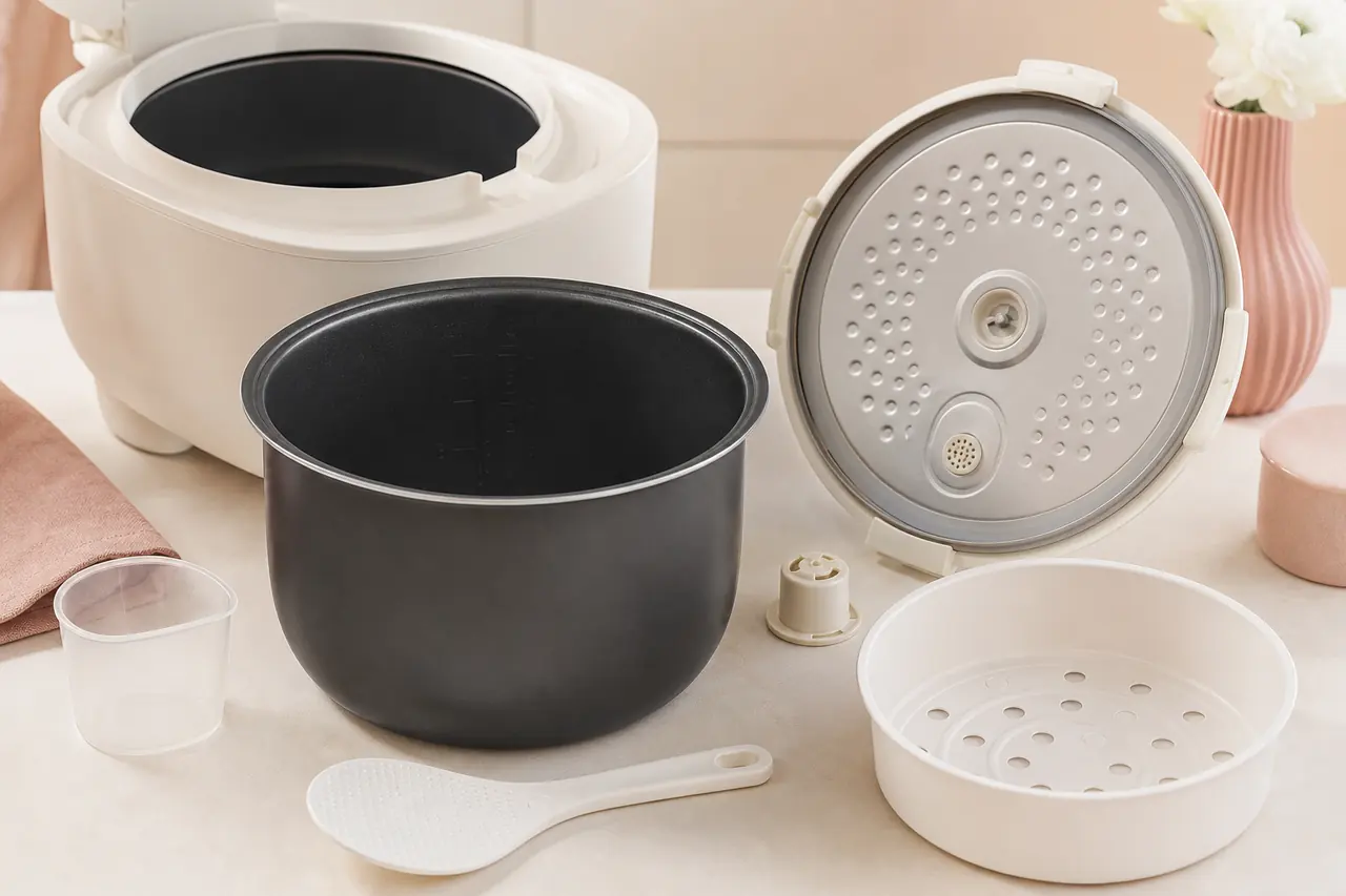 Cuve, couvercle intérieur, valve vapeur, bac à condensation et accessoires d’un cuiseur à riz
