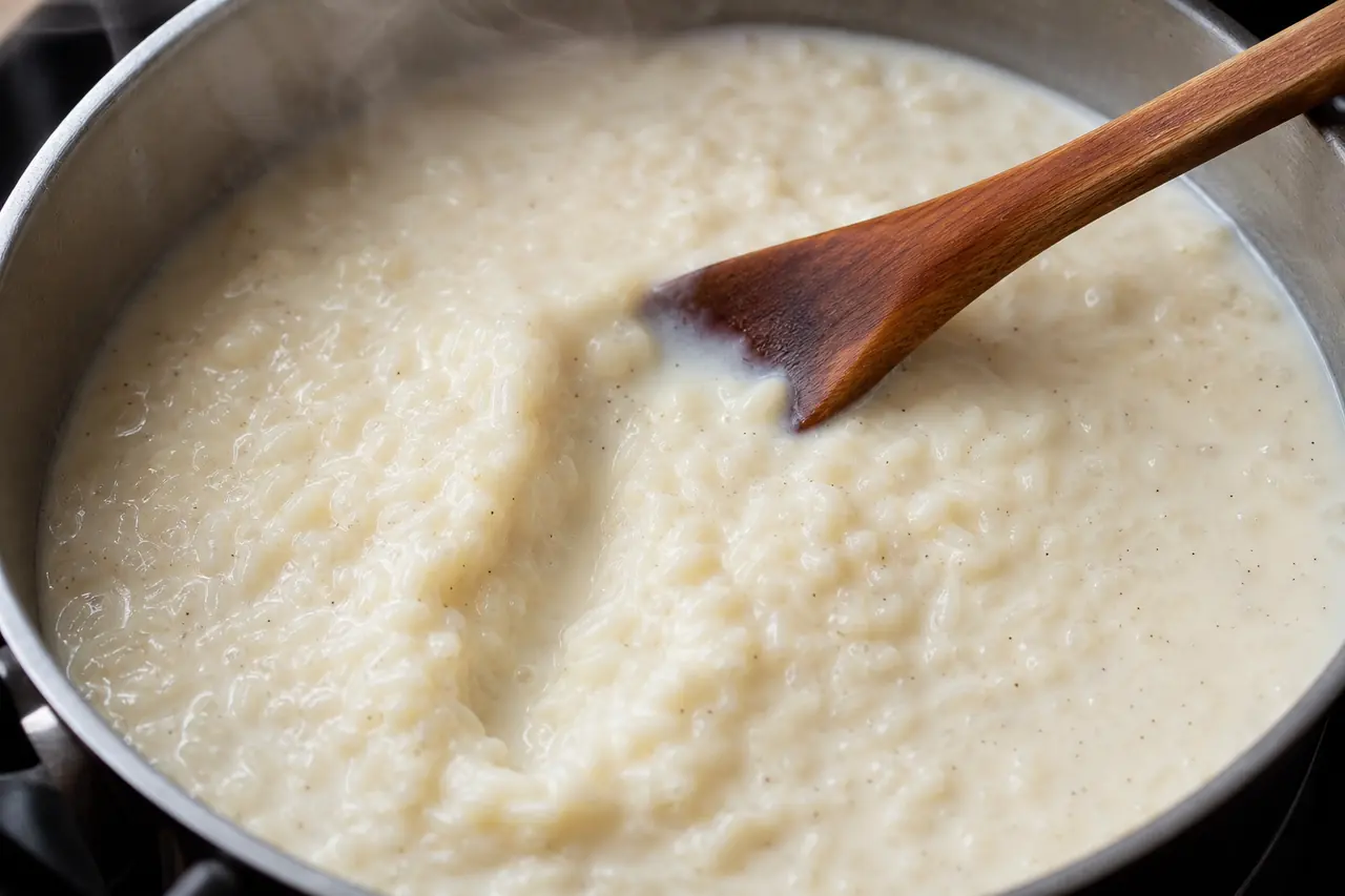 Riz rond cuisant doucement dans un lait vanillé crémeux