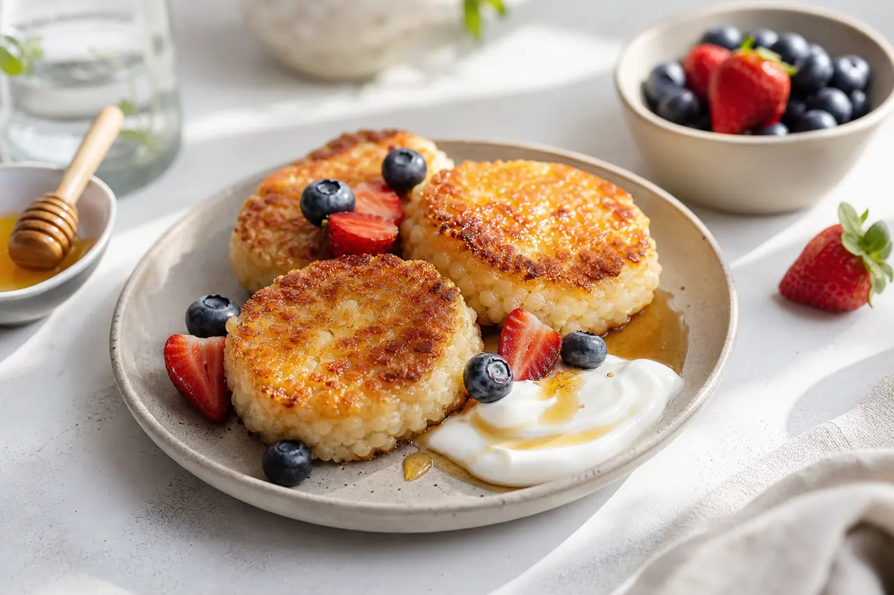 Galettes sucrées de riz dorées servies avec yaourt et fruits rouges