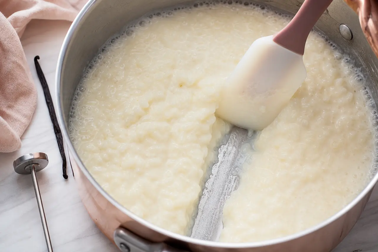 Riz au lait crémeux en cuisson douce dans une casserole
