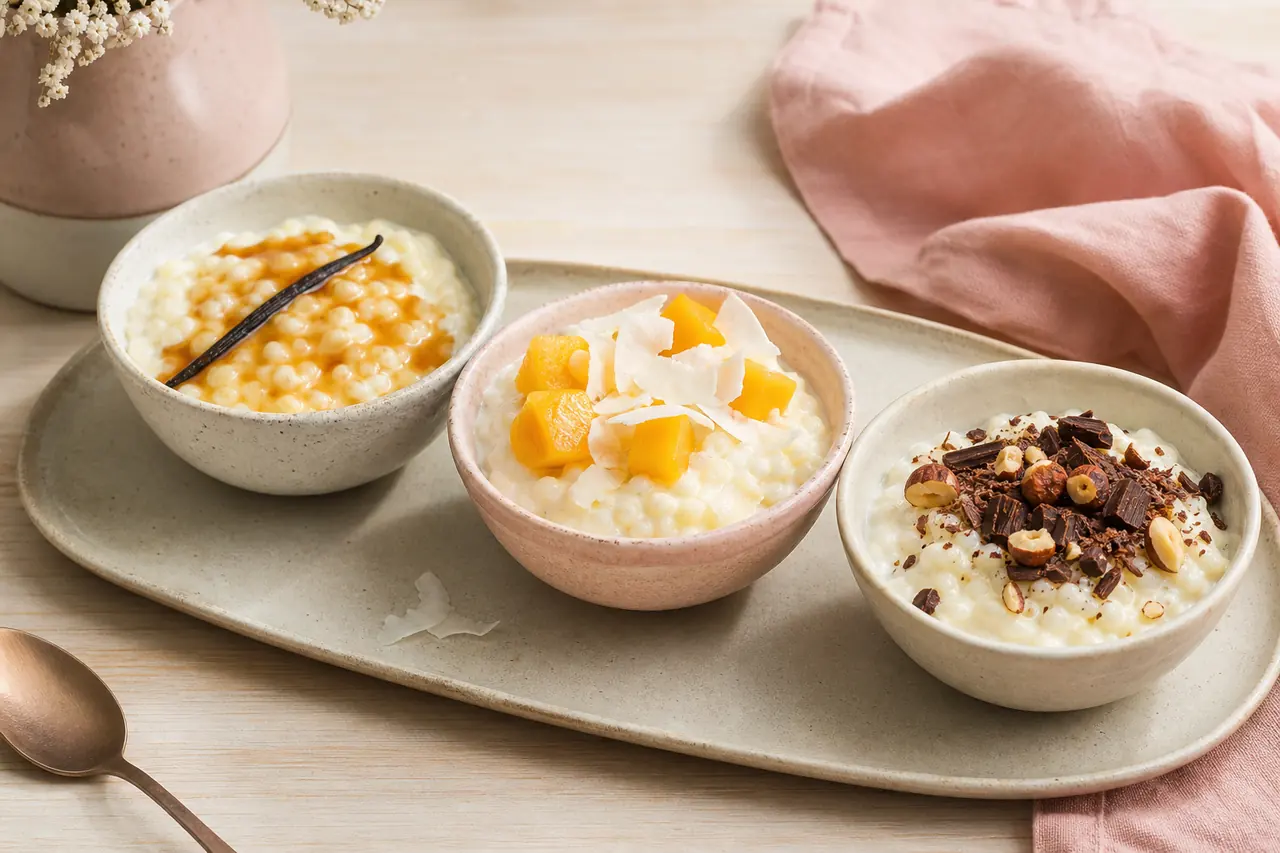 Trois riz au lait vanille caramel, coco mangue et chocolat noisette