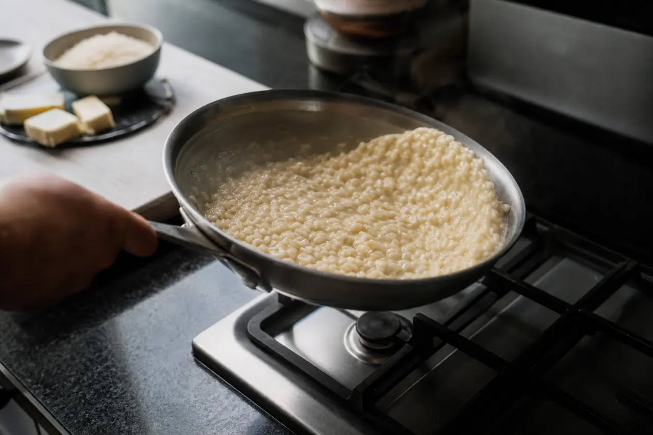 Risotto crémeux formant une vague souple dans la sauteuse
