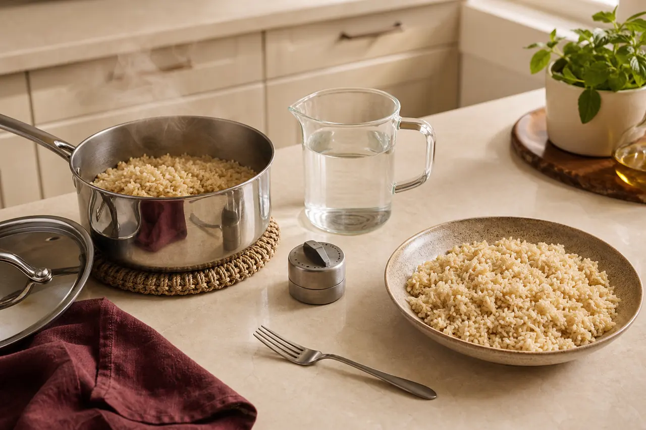 Étapes de cuisson du riz complet dans une casserole avec dosage, couvercle et repos