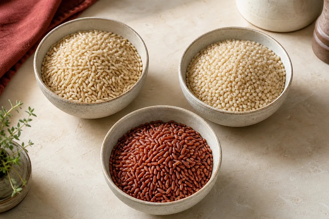 Trois bols de riz complet basmati, rond et rouge montrant des grains et textures différents