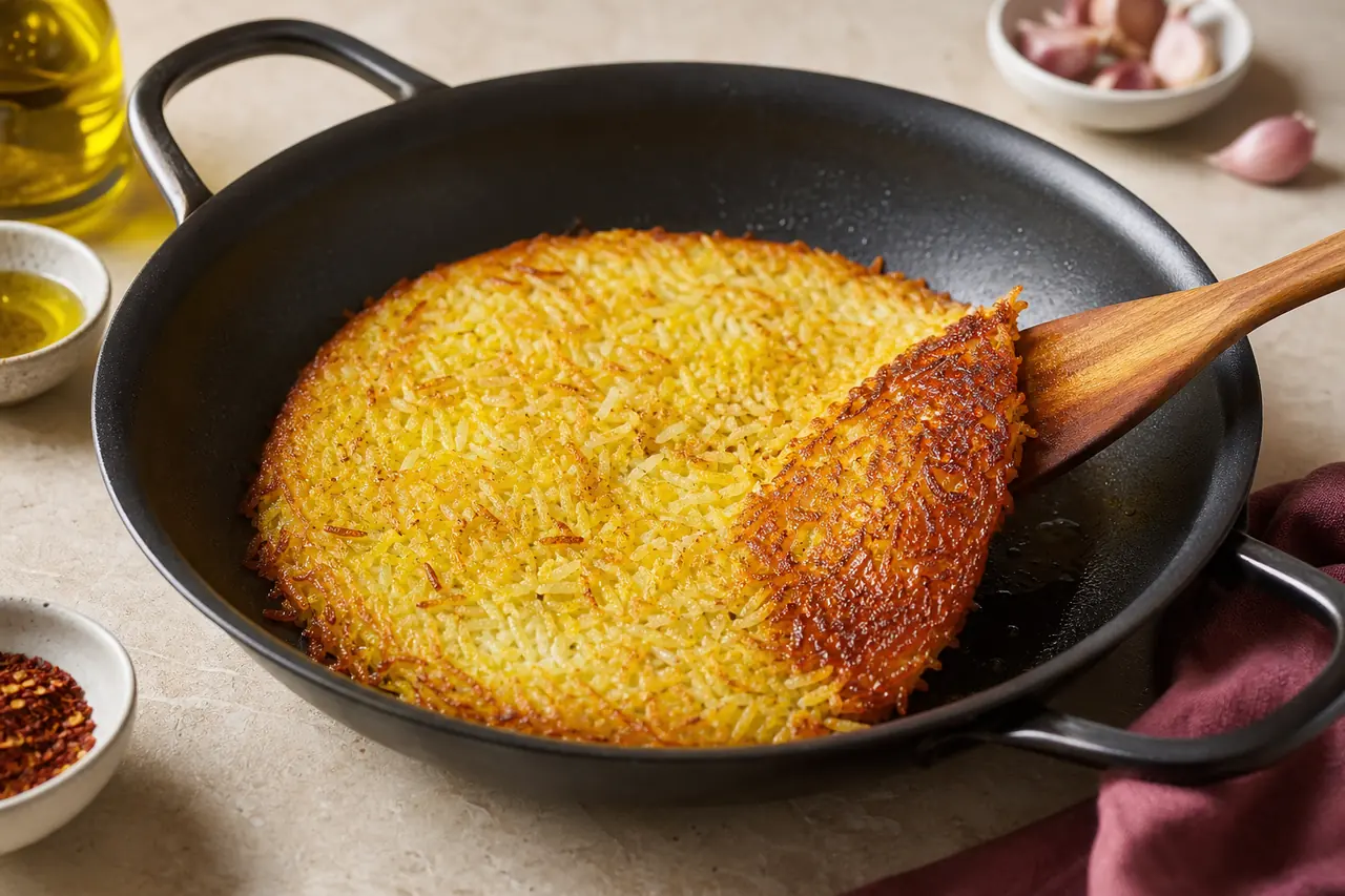 Galette de riz dorée dans une poêle avec croûte croustillante et grains visibles