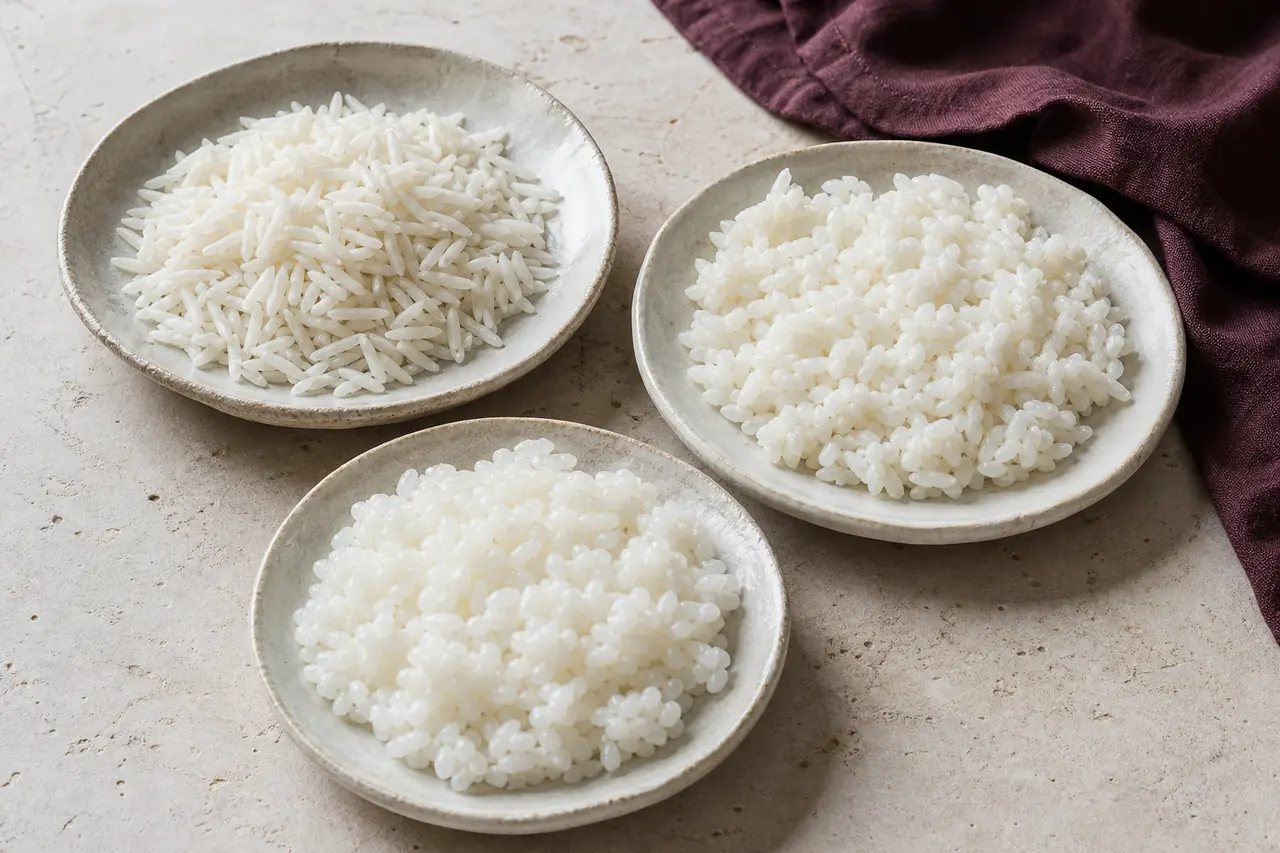 Basmati, riz jasmin et riz japonais cuits puis refroidis pour différentes recettes croustillantes