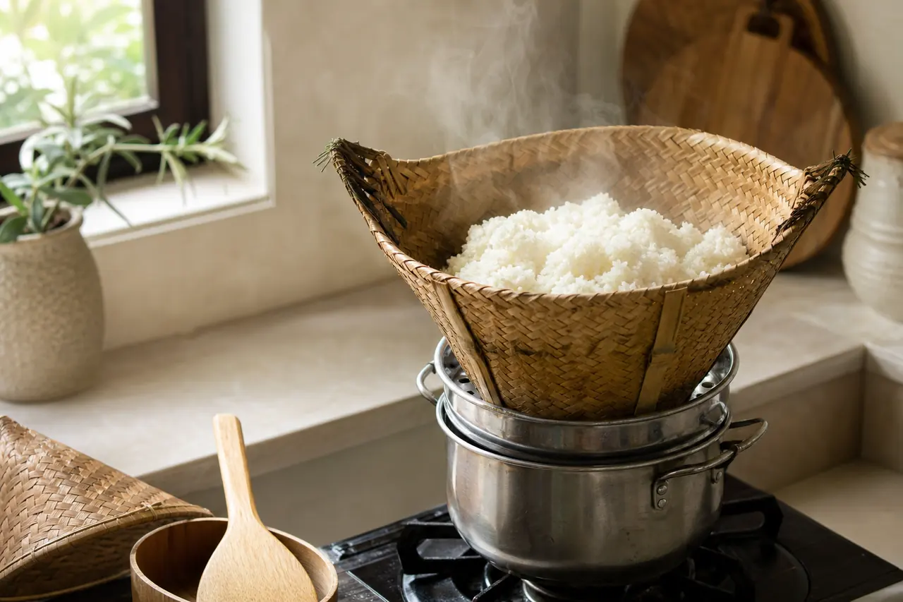 Riz gluant cuit à la vapeur dans un panier en bambou au-dessus d’une marmite