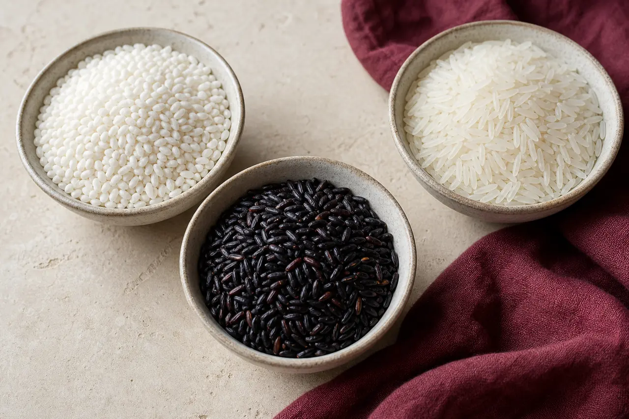 Grains crus de riz gluant blanc et noir comparés à du riz jasmin dans trois bols