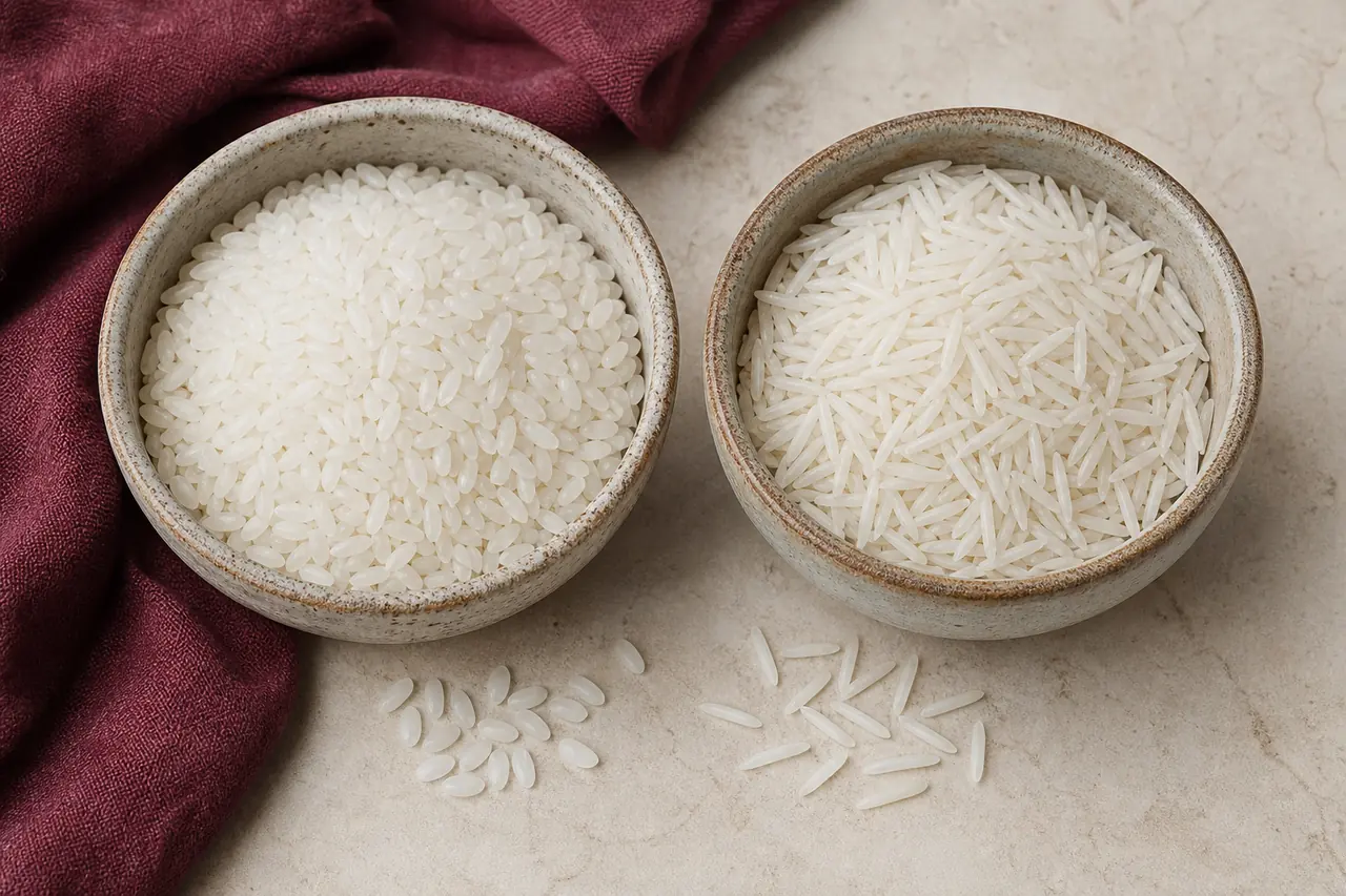Comparaison visuelle entre grains de riz jasmin et de riz basmati dans deux bols en céramique