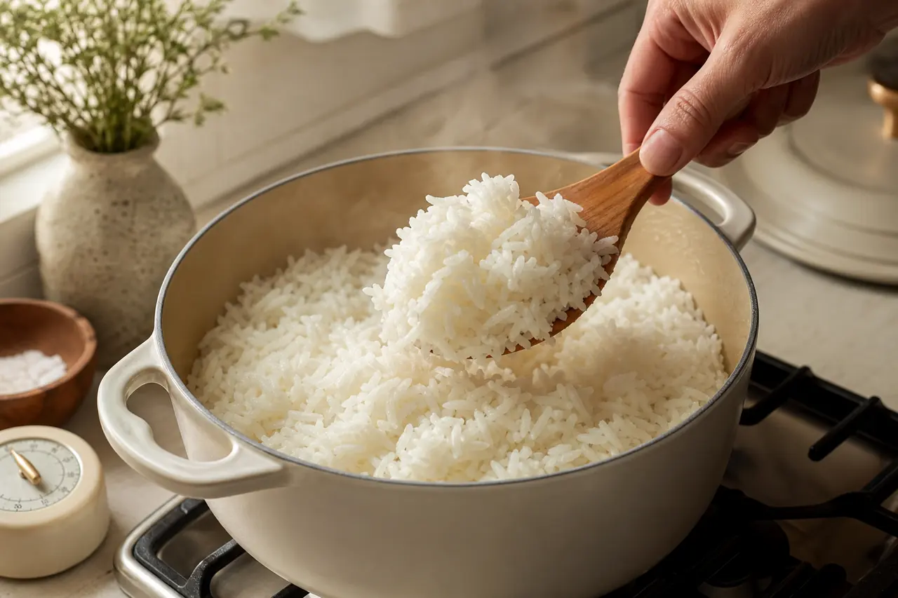 Riz jasmin cuit et aéré dans une casserole, avec grains souples et vapeur légère