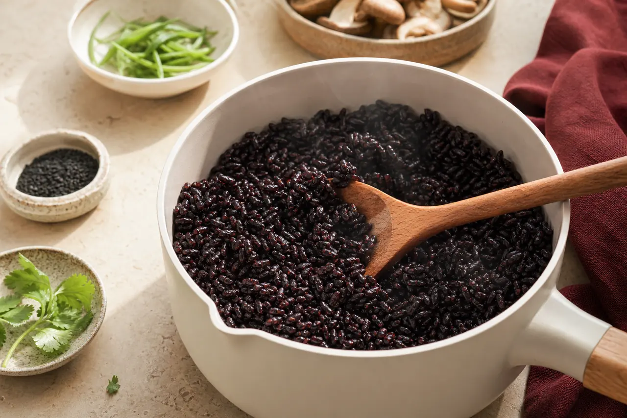 Riz noir cuit aux grains violets et brillants aéré dans une casserole