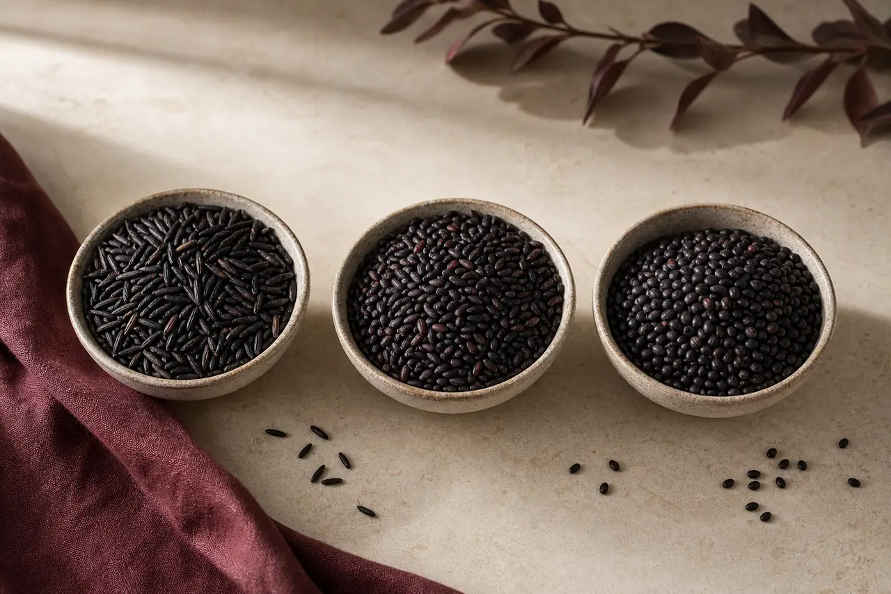 Riz venere, riz noir asiatique et riz gluant noir comparés dans trois bols