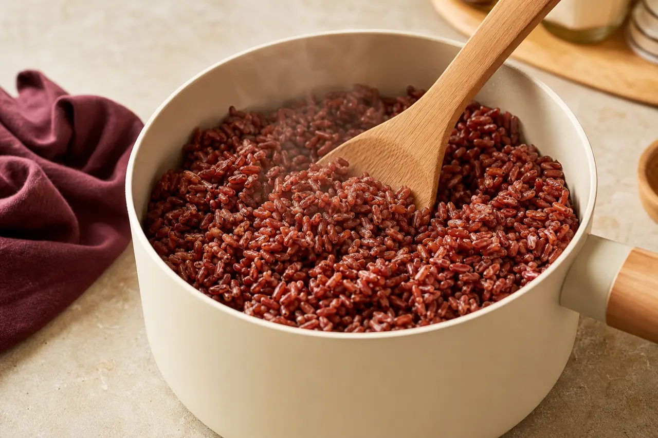 Riz rouge fraîchement cuit et aéré dans une casserole