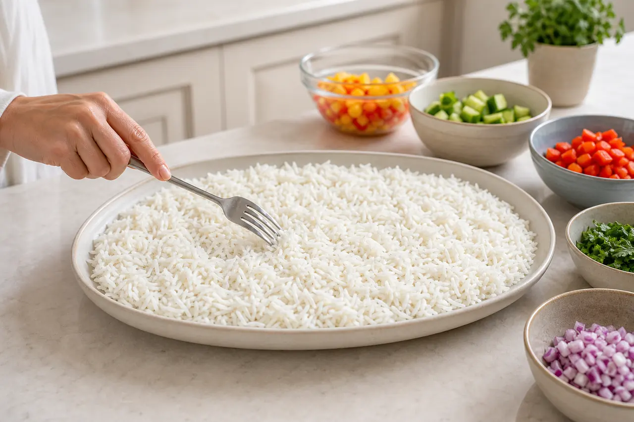 Riz cuit étalé en couche fine dans un grand plat avant assemblage de la salade