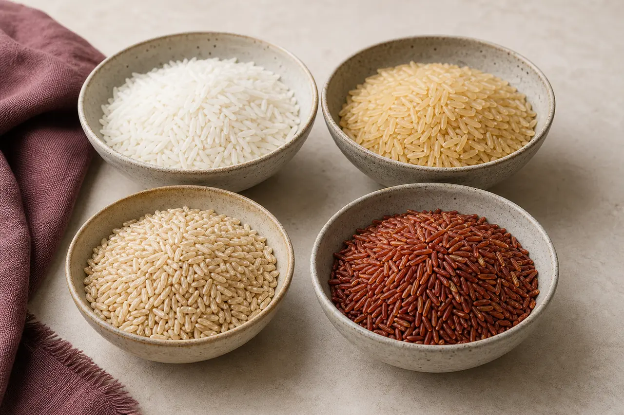 Quatre bols de riz basmati, complet, rouge et long grain adaptés aux salades