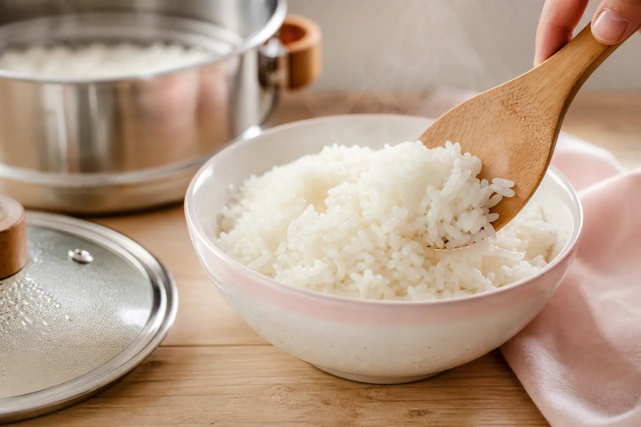 Riz vapeur moelleux aéré délicatement avec une spatule en bois